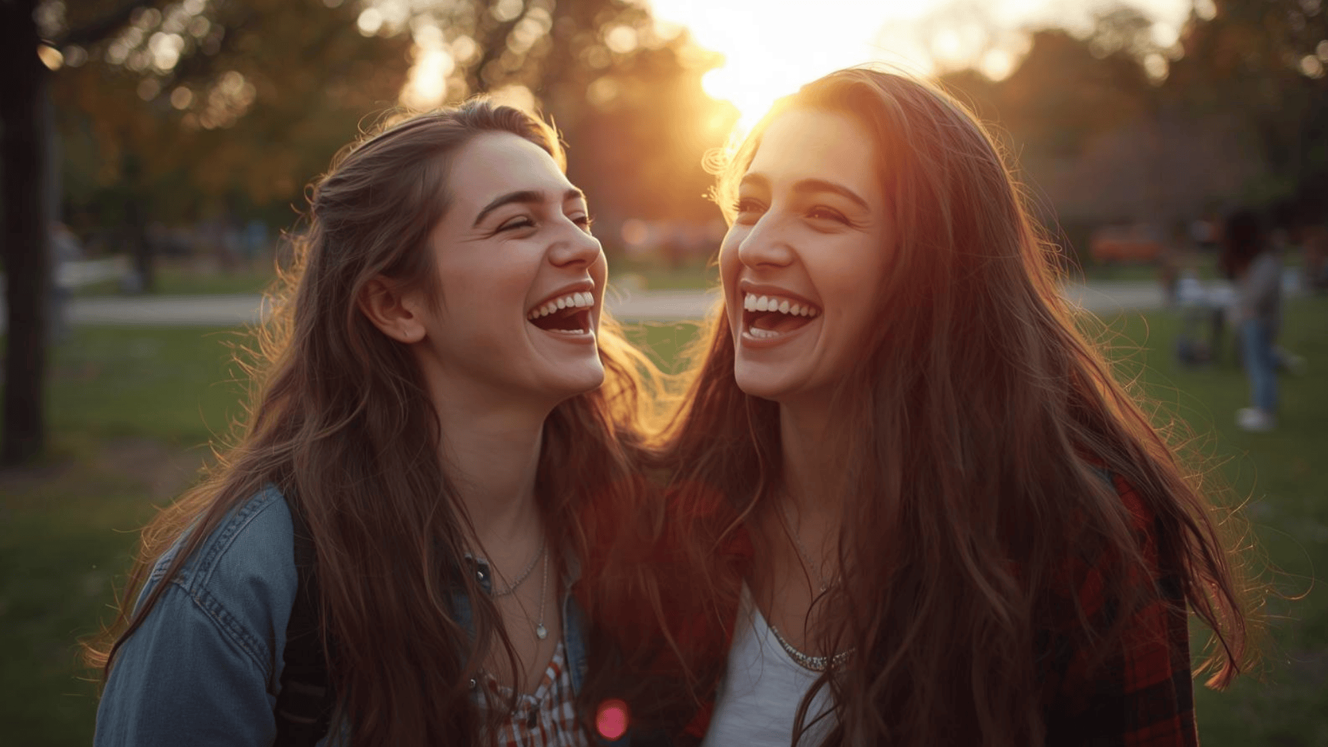 Dua sahabat tertawa bersama di taman tanpa gadget